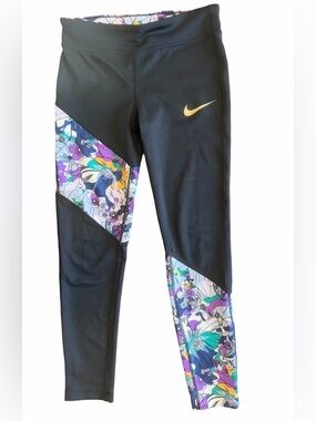 Nike Dri-Fit Athletic Leggings Girls Medium Multicolor Floral Pattern Tight Fit
